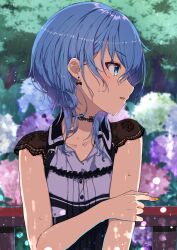  black_choker black_dress blue_eyes blue_hair bow bow_earrings choker collarbone commentary_request dress earrings female highres hololive hoshimachi_suisei hoshimachi_suisei_(casual) jewelry lace lace_choker lace_sleeves looking_to_the_side namikawa_kuroha official_alternate_costume official_alternate_hairstyle open_mouth short_hair short_sleeves solo upper_body virtual_youtuber wet yellow_nails 