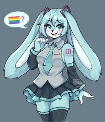  :d ? animal_ears artist_name artkett1412 black_skirt black_thighhighs blush collared_shirt cowboy_shot detached_sleeves female furrification furry furry_female green_eyes green_necktie grey_shirt hair_between_eyes hair_ribbon hatsune_miku long_sleeves necktie rabbit_ears rabbit_girl rainbow_flag ribbon shirt shoulder_tattoo skirt smile speech_bubble spoken_flag spoken_symbol tattoo teeth thighhighs upper_teeth_only vocaloid zettai_ryouiki 