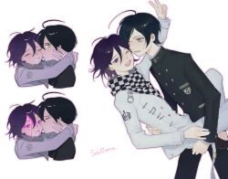  2boys :d ahoge black_hair black_jacket black_pants blood blush buttons checkered_clothes checkered_scarf danganronpa_(series) danganronpa_v3:_killing_harmony double-breasted from_side grey_jacket grey_pants jacket kissing kissing_cheek long_sleeves looking_at_viewer male_focus meomeo multiple_boys oma_kokichi pants pink_blood saihara_shuichi scarf short_hair sideways_glance smile sweatdrop teeth upper_teeth_only v yaoi yellow_eyes 