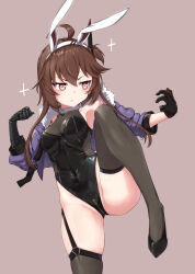  ahoge animal_ears black_footwear black_gloves black_leotard black_thighhighs breasts brown_background brown_hair closed_mouth commentary commentary_request covered_nipples crotch_zipper dot_mouth fake_animal_ears female fighting_stance girls&#039;_frontline gloves hair_between_eyes highres jacket leg_up leotard long_hair mechanical_arms medium_breasts open_clothes open_jacket playboy_bunny purple_jacket red_eyes shoes simple_background single_glove single_mechanical_arm skindentation solo thighhighs type_79_(girls&#039;_frontline) type_79_(mod3)_(girls&#039;_frontline) zafuri_(yzrnegy) zipper 