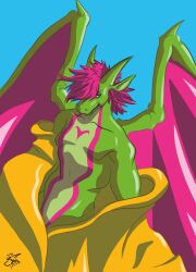  2024 athletic athletic_male clothed clothing cyan_background digital_media_(artwork) dragon green_body hair hi_res horn humanoid male multicolored_body multicolored_wings mythological_creature mythological_scalie mythology partially_clothed partially_clothed_humanoid partially_clothed_male pink_hair scalie shaded simple_background simple_shading solo three-quarter_view wings yellow_clothing zyon_(artist) 