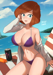  ann_possible barleyshake beach beach_towel bikini blue_eyes blush breasts brown_hair cloud female green_eyes highres huge_breasts inlet jacket kim_possible_(series) lips looking_at_viewer mature_female monster_energy navel outdoors purple_bikini recliner short_hair smile solo swimsuit toon_(style) towel 