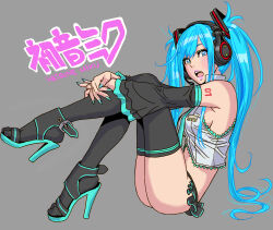  aqua_eyes aqua_hair aqua_nails bare_shoulders black_thighhighs breasts character_name commentary detached_sleeves female fingernails frills full_body hair_ornament hatsune_miku headphones headset high_heels highres lips long_hair looking_at_viewer medium_breasts microskirt midriff nail_polish necktie open_mouth simple_background sitting skirt sleeveless solo tattoo thighhighs thighs twintails vocaloid wide_sleeves yamashita_shun&#039;ya 