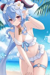  absurdres alternate_costume amaneko_(amaneko_y) beach bell bikini blue_hair blue_sky cloud cowboy_shot day female flower frilled_bikini frills ganyu_(genshin_impact) genshin_impact goat_horns hair_between_eyes hair_flower hair_ornament hand_on_own_thigh hand_up highres horizon horns leaning_forward long_hair navel neck_bell ocean purple_eyes sidelocks single_wrist_cuff sky smile stomach swimsuit thigh_strap very_long_hair water white_bikini white_lily wrist_cuffs 