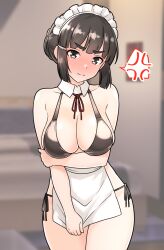  anger_vein apron arm_under_breasts bikini black_bikini black_eyes black_hair blush breasts cleavage closed_mouth female full-face_blush furaggu_(frag_0416) hair_bun hair_ornament hairclip highres kantai_collection large_breasts maid maid_bikini maid_headdress myoukou_(kancolle) neck_ribbon red_ribbon ribbon short_hair side-tie_bikini_bottom sidelocks single_hair_bun solo spoken_anger_vein standing swimsuit unconventional_maid white_apron 