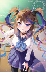  absurdres airi_kanna antlers black_collar black_pantyhose blue_eyes blue_hair blue_sailor_collar blue_skirt blush board_eraser book breasts brown_hair chalkboard classroom collar colored_inner_hair desk dragon_girl dragon_horns dragon_tail female floating_hair forehead_tattoo frown hand_on_own_hip highres horns indoors jin_kemi leaning_forward lens_flare long_hair long_sleeves looking_at_viewer magic medium_breasts miniskirt multicolored_hair open_mouth pantyhose pleated_skirt purple_hair sailor_collar school_uniform shirt skirt solo stellive streaked_hair swept_bangs tail twintails very_long_hair virtual_youtuber white_shirt 