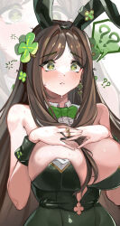  ? ?? absurdres alternate_costume animal_ears black_survival blush bow bowtie breasts brown_hair cleavage clover_hair_ornament cropped_torso detached_collar english_commentary eternal_return:_black_survival fake_animal_ears female green_bow green_bowtie green_eyes green_leotard gweon_sua hair_ornament hand_on_own_chest highres large_breasts leotard long_hair playboy_bunny qmpzalsk rabbit_ears solo spoken_question_mark standing sweat upper_body 