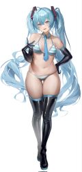  ahoge ass_visible_through_thighs bikini black_footwear black_gloves blue_eyes blue_hair blue_necktie blush body_markings boots breasts collarbone corrupted_twitter_file detached_collar elbow_gloves full_body gloves hair_between_eyes hand_on_own_hip hand_up hatsune_miku head_tilt highres long_hair looking_at_viewer meme_attire miku_collar_bikini navel necktie nine_(kanine41) parted_lips revision small_breasts striped_bikini striped_clothes swimsuit thigh_boots twintails very_long_hair vocaloid white_background 