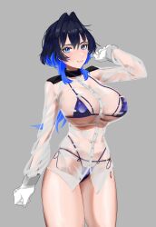  absurdres bikini bikini_under_clothes black_hair blue_bikini blue_eyes blue_hair blunt_bangs blush breasts colored_inner_hair cosplay female gloves goddess_of_victory:_nikke hair_intakes helm_(nikke) helm_(nikke)_(cosplay) highres hololive hololive_english koizumi_arata large_breasts long_hair long_sleeves looking_at_viewer multicolored_hair no_pants official_alternate_costume ouro_kronii see-through see-through_shirt shirt smile solo swimsuit thighs virtual_youtuber wet wet_clothes wet_jacket wet_shirt white_gloves 