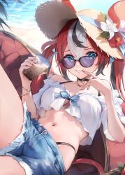  absurdres animal_ears beach bikini bikini_under_clothes black_hair bracelet bubble_tea cutoffs day ears_through_headwear female hakos_baelz hat highleg highleg_bikini highres hololive hololive_english jewelry klopsiak looking_at_viewer mouse_ears mouse_girl mouse_tail multicolored_hair navel outdoors red_hair shorts smile solo streaked_hair sunglasses swimsuit tail twintails virtual_youtuber white_hair 