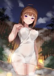  ahoge armpits blush breasts brown_hair female highres idolmaster idolmaster_million_live! kamille_(vcx68) long_hair looking_at_viewer medium_breasts naked_towel onsen purple_eyes smile solo steam straight_hair towel wading wooden_wall yokoyama_nao 