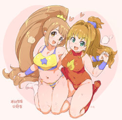  2girls :d artist_name bare_arms bare_shoulders bikini blue_bikini blush breasts brown_eyes brown_hair character_name cleavage covered_navel crop_top detached_sleeves dot_nose from_above green_eyes hair_intakes hair_ornament hair_scrunchie hand_on_another&#039;s_hip hand_up head_tilt high_ponytail highres hino_akane_(idolmaster) holding_hands idolmaster idolmaster_cinderella_girls kneehighs large_breasts long_hair looking_at_viewer medium_bangs multiple_girls navel one-piece_swimsuit pink_background ponytail purple_scrunchie purple_sleeves randou red_one-piece_swimsuit red_socks scrunchie sidelocks sitting smile socks steam sweat swimsuit translated two-tone_bikini very_long_hair wakabayashi_tomoka wariza white_socks yellow_bikini 