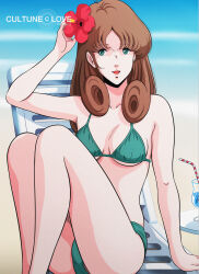  1980s_(style) beach_chair bikini breasts choujikuu_yousai_macross drink flower green_eyes hair_flower hair_ornament hayase_misa highres long_hair macross macross:_do_you_remember_love? medium_breasts retro_artstyle sitting smile swimsuit waeba_yuusee 