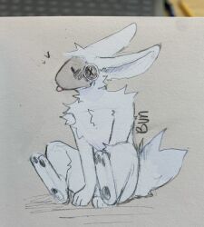  2023 black_eyes blep bunonthemoon fur heart_symbol hi_res hybrid lagomorph leporid machine male mammal nude_anthro nude_male protogen rabbit sitting sitting_on_ground slim_anthro slim_male solo tongue tongue_out traditional_media_(artwork) white_body white_fur 