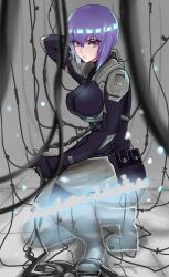  black_bodysuit bodysuit breasts cable covered_nipples dododo0909 female ghost_in_the_shell highres kusanagi_motoko medium_hair purple_eyes purple_hair solo subdermal_port transparent 