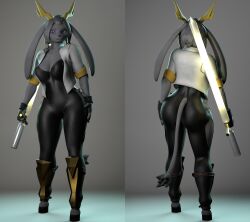  absurd_res anthro ass bovid caprine clothed clothing felid feline female goat hi_res lagomorph leporid looking_at_viewer mammal pseudoregalia rabbit smile smirk solo sybil_(pseudoregalia) tight_clothing viguro5 