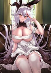  absurdly_long_hair absurdres aegir_(azur_lane) aegir_(iron_blood&#039;s_dragon_maid)_(azur_lane) azur_lane black_horns breasts brown_dress cleavage commentary_request couch demon_horns dress female framed_breasts frilled_bandeau frilled_dress frills garter_straps hair_between_eyes hair_on_horn highres horns huge_breasts indoors long_hair long_hair_between_eyes looking_at_viewer maid_headdress multicolored_hair official_alternate_costume red_hair seabread sitting solo streaked_hair thighhighs very_long_hair white_garter_straps white_hair white_thighhighs window yellow_eyes 