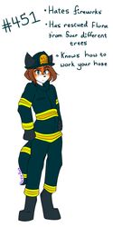  1:2 2020 4_toes anthro armor biped bottomwear brown_hair brown_nose canid canine canis clothed clothing countershade_face countershading digital_media_(artwork) english_text fahrenheit_451 feet female firefighter firefighter_helmet footwear fox front_view full-length_portrait fur green_bottomwear green_clothing green_helmet green_jacket green_pants green_topwear hair headgear helmet hero hi_res jacket laura_(twokinds) looking_at_viewer mammal number orange_body orange_fur pants portrait red_fox signature simple_background solo text toes topwear true_fox turnout_gear twokinds white_background wolfie-pawz 