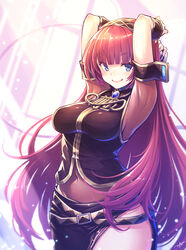  armpits arms_behind_head arms_up belt blue_eyes breasts covered_navel female gogatsu_no_renkyuu hairband highres large_breasts long_hair looking_at_viewer megurine_luka navel red_hair side_slit skirt smile solo very_long_hair vocaloid 