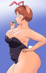  absurdres ass blue_one-piece_swimsuit breasts chadgarciaburg curvy elf-san_wa_yaserarenai. female highres large_breasts oku_(elf-san_wa_yaserarenai) one-piece_swimsuit orc pig plump red_hair school_swimsuit self-upload solo swimsuit thighs 