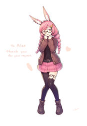  animal_ears ankle_boots asymmetrical_legwear boots braid brown_footwear carrot_hair_ornament commission female food-themed_hair_ornament full_body glasses gogatsu_no_renkyuu hair_ornament heart heart_o-ring highres jacket knees_together_feet_apart legwear_garter long_hair long_sleeves looking_at_viewer miniskirt o-ring o-ring_thigh_strap open_clothes open_jacket open_mouth original pink_hair pink_skirt pleated_skirt rabbit_ears simple_background single_thighhigh skeb_commission skirt solo thigh_strap thighhighs twin_braids 