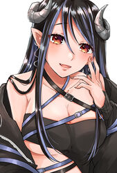  ayu_(sweetfish_man) bandeau belt black_bandeau black_belt black_hair black_jacket blue_belt blue_hair blush breasts brown_eyes caduceus chest_belt cleavage collarbone commentary curled_horns demon_girl demon_horns earrings fangs female grey_horns hair_between_eyes hebiyoi_tier hebiyoi_tier_(1st_costume) highres horns jacket jewelry large_breasts long_bangs long_hair looking_at_viewer multicolored_hair nanashi_inc. off_shoulder open_clothes open_jacket open_mouth pointy_ears sidelocks simple_background smile snake_bite solo two-tone_hair upper_body virtual_youtuber white_background 