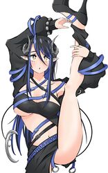  :o armpits arms_up ayumumato99 bandeau belt black_bandeau black_belt black_footwear black_hair black_jacket black_skirt blue_belt blue_hair blush breasts chest_belt cleavage collarbone commentary curled_horns demon_girl demon_horns demon_tail female foot_out_of_frame grey_horns hair_between_eyes hand_on_own_leg hebiyoi_tier hebiyoi_tier_(1st_costume) high_heels highres horns jacket kneepits large_breasts long_bangs long_hair long_sleeves multicolored_hair nanashi_inc. navel off_shoulder open_clothes open_jacket open_mouth pointy_ears sidelocks simple_background skirt solo split standing standing_on_one_leg standing_split tail two-tone_hair virtual_youtuber white_background yellow_eyes 