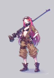  anti-materiel_rifle bandaged_arm bandages belt black_gloves blue_eyes bolt_action boots breasts female fingerless_gloves full_body gas_mask gloves gogatsu_no_renkyuu goggles goggles_on_head grey_background gun hand_on_own_hip highres holding holding_gun holding_weapon long_hair looking_at_viewer mask medium_breasts navel original pink_hair ptrd-41 rifle simple_background sniper_rifle solo standing weapon 