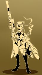  9:16 antennae_(anatomy) anthro arthropod bee beret breasts cigarette clothing female fur gun hat headgear headwear hi_res holding_gun holding_object holding_ranged_weapon holding_weapon hymenopteran insect_wings insects looking_at_viewer maddworld non-mammal_breasts nude ranged_weapon rifle scope simple_background smoke sniper sniper_rifle solo vertical_mouth weapon wings 