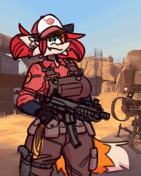  anthro canid canine clothing cute_fangs engineer_(team_fortress_2) female fox gun hair handgun hat headgear headwear hi_res mammal pepper_(sketchytoasty) pistol ranged_weapon red_hair screencap screencap_background sentry_gun_(team_fortress_2) shirt sig_mpx sig_sauer sketchytoasty solo team_fortress_2 third-party_edit tool_belt topwear uniform valve weapon 