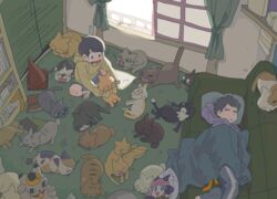  2boys :d animal archived_source backlighting bad_link black_cat blanket book bookshelf bright_pupils brothers calico cat_loaf couch curtains dakimakura_(object) feline half-closed_eyes hashimoto_nyaa highres holding hood hood_down hoodie indoors jaggy_lines long_sleeves looking_at_another looking_away lying male_focus maneki-neko matsuno_ichimatsu matsuno_jyushimatsu multiple_boys no_shoes on_side open_mouth osomatsu-kun osomatsu-san osomatsu_(series) pants parted_lips pillow purple_hoodie qqmng siblings sleeves_past_fingers sleeves_past_wrists smile squatting stuffed_animal stuffed_cat stuffed_toy sweatpants too_many too_many_cats traffic_cone white_pupils window yellow_hoodie 