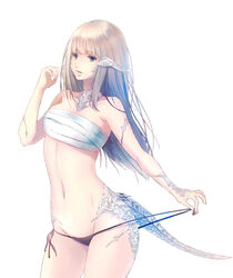  au_ra bad_id bad_pixiv_id bandages bandeau bare_arms bare_shoulders black_panties blue_eyes chest_sarashi commentary_request cowboy_shot female final_fantasy final_fantasy_xiv grey_hair hand_up horns long_hair looking_at_viewer midriff mochimochi_dando navel panties panty_pull parted_lips pulling_own_clothes sarashi side-tie_panties solo standing stomach strapless tail thighs tube_top underwear warrior_of_light_(ff14) 