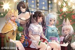  5girls animal_ear_fluff animal_ears animal_on_head black_hair blonde_hair blue_hair blurry blurry_foreground bow box breasts christmas_ornaments christmas_tree claws cleavage collarbone colored_inner_hair copyright_notice couch crop_top dragon_claw dragon_girl dragon_horns erina_makina fox_girl fox_tail frilled_shirt frills gift gift_box green_ribbons hair_between_eyes hair_ornament hair_over_one_eye hakushika_iori himemiya_rie holding holding_gift horns moguta_(moguta9) multicolored_hair multiple_girls on_couch on_head one_eye_closed open_mouth phase_connect pink_eyes pink_hair pom_pom_(clothes) pom_pom_hair_ornament purple_eyes ribbon shirt short_hair shorts sitting star-shaped_pupils star_(symbol) star_print streaked_hair stuffed_animal stuffed_toy symbol-shaped_pupils tail teddy_bear tenma_maemi twintails utatane_nasa virtual_youtuber white_bow white_shirt white_shorts window wreath yawning 