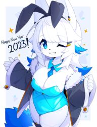  2023 ;d absurdres animal_ears animal_nose aqua_collar aqua_leotard between_breasts black_jacket black_thighhighs blue_background blue_eyes blue_necktie body_fur breasts bright_pupils cleavage cowboy_shot detached_collar dev_voxy earclip english_text extra_ears female fur_trim furry furry_female groin hair_ornament hairclip happy_new_year highres jacket large_breasts leotard light_blush long_sleeves looking_at_viewer necktie necktie_between_breasts one_eye_closed original playboy_bunny raised_eyebrow simple_background smile solo strapless strapless_leotard tail thighhighs white_fur white_pupils 