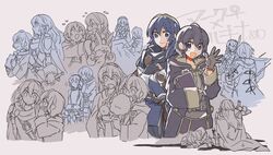  2girls animal_ears animal_hood batoson54 belt black_eyes black_hair blue_eyes blue_hair book cape collage eating fingerless_gloves fire_emblem fire_emblem_awakening gloves hair_between_eyes highres holding holding_book holding_sword holding_weapon hood long_hair looking_at_viewer lucina_(fire_emblem) morgan_(female)_(fire_emblem) morgan_(fire_emblem) multiple_girls rabbit_ears rabbit_hood short_hair sword tiara weapon 