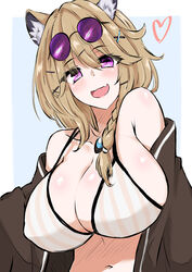  :d absurdres animal_ear_fluff animal_ears arknights bare_shoulders bikini black_shirt blue_background blush border braid breasts brown_hair cleavage collarbone eyewear_on_head female heart highres huge_breasts long_hair looking_at_viewer maiq06 navel oerba_yun_fang official_alternate_costume open_clothes open_shirt outside_border purple-tinted_eyewear purple_eyes shirt side_braid simple_background skin_fang smile solo strap_gap striped_clothes striped_shirt sunglasses swimsuit tinted_eyewear upper_body utage_(arknights) utage_(summer_flowers)_(arknights) vertical-striped_clothes vertical-striped_shirt white_bikini white_border 