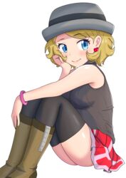  absurdres blonde_hair blue_eyes blush boots bracelet breasts brown_footwear closed_mouth commentary_request earrings eyelashes female from_side grey_hat hand_up hat highres jewelry maho_(corotonton5150) miniskirt pokemon pokemon_(anime) pokemon_journeys red_skirt serena_(pokemon) short_hair simple_background sitting skirt smile solo sweater_vest thighhighs thighs white_background zipper 