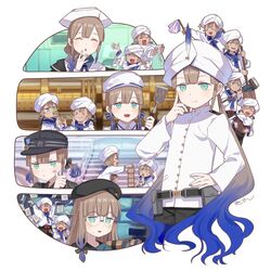  baker_nemo_(fate) bandages belt binoculars braid captain_nemo_(fate) cleaning commentary eating engineer_nemo_(fate) fate/grand_order fate_(series) glasses gradient_hair hand_on_own_hip hat highres marine_nemo_(fate) mole mole_under_mouth multicolored_hair multiple_views nemo_(fate) nurse_nemo_(fate) paper professor_nemo_(fate) smile spatula tetsu_(teppei) turban twintails 