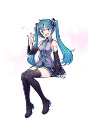  :d aqua_eyes aqua_hair bare_shoulders black_footwear black_skirt boots collared_shirt commentary detached_sleeves female full_body gogatsu_no_renkyuu hair_ornament hatsune_miku headset heart highres long_hair looking_at_viewer miniskirt nail_polish necktie open_mouth shirt shoulder_tattoo simple_background sitting skirt sleeveless sleeveless_shirt smile solo tattoo thigh_boots twintails vocaloid waving zettai_ryouiki 