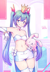  39 bare_shoulders blue_eyes blue_hair breasts choker commentary_request cowboy_shot crown elbow_gloves female gloves gogatsu_no_renkyuu hair_ribbon hatsune_miku highres long_hair looking_at_viewer midriff miku_day navel ribbon short_shorts shorts small_breasts smile solo stomach strapless stuffed_animal stuffed_rabbit stuffed_toy thighhighs tube_top twintails very_long_hair vocaloid white_choker white_gloves 