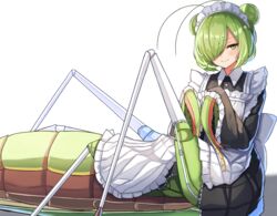  antennae apron arthropod_girl arthropod_limbs commentary_request double_bun female frilled_sleeves frills garter_straps green_eyes green_hair hair_bun hair_over_one_eye long_sleeves looking_at_viewer maid maid_headdress mantis_girl mole mole_under_eye monster_girl original plan_(planhaplalan) short_hair simple_background smile solo taur white_apron white_background white_garter_straps wide_sleeves 