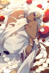  ahoge bare_shoulders blush braid breasts cherry closed_mouth commentary_request dark-skinned_female dark_skin dress echo_(circa) fate/grand_order fate_(series) female food fruit headpiece high_heels lakshmibai_(fate) lakshmibai_(queen&#039;s_dream)_(fate) large_breasts legs long_hair lying on_side oversized_food oversized_object red_eyes side_braids solo twin_braids very_long_hair white_dress white_footwear white_hair 