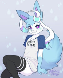  2022 andromorph_(lore) anthro anthrofied biped blush clothed clothing eeveelution english_text femboy generation_6_pokemon hand_on_ground heart_symbol legwear looking_at_viewer male mega_milk meme milk_the_sylveon_(toxicmilkyx) nintendo pokemon pokemon_(species) purple_eyes ribbons shirt signature simple_background sitting smile solo sylveon t-shirt text text_on_clothing text_on_shirt text_on_topwear thigh_highs topwear toxicmilkyx trans_(lore) trans_man_(lore) white_body 