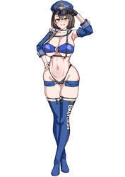  ass_visible_through_thighs asymmetrical_clothes azur_lane baltimore_(azur_lane) baltimore_(finish_line_flagbearer)_(azur_lane) bikini black_bikini black_gloves blue_bikini blue_footwear blue_headwear blue_jacket blush boots breasts brown_hair choker cleavage collarbone cropped_jacket crossed_bangs crossed_legs female full_body gloves grin hair_between_eyes hand_on_own_hip highleg highleg_bikini highres jacket large_breasts long_sleeves looking_at_viewer micro_shorts mismatched_bikini muta_poo navel official_alternate_costume race_queen short_hair shorts sideboob single_glove skindentation smile solo stomach swimsuit thigh_boots underboob watson_cross wide_hips yellow_eyes 