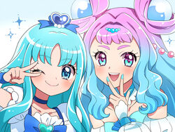  2girls blue_background blue_choker blue_eyes blue_hair blue_nails blue_theme blush brooch choker commentary_request cure_la_mer cure_marine dress eyelash_ornament gradient_background gradient_hair hair_ornament heart heart_brooch heart_hair_ornament heart_in_eye heartcatch_precure! in-franchise_crossover jewelry kagami_chihiro kurumi_erika laura_la_mer long_hair magical_girl multicolored_eyes multicolored_hair multiple_girls nail_polish one_eye_closed open_mouth pearl_hair_ornament pink_hair precure puffy_sleeves smile symbol_in_eye thick_eyebrows tropical-rouge!_precure upper_body v white_dress white_sleeves 