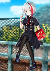  admiral_graf_spee_(azur_lane) admiral_graf_spee_(girl&#039;s_sunday)_(azur_lane) azur_lane black_dress black_pantyhose blue_eyes blue_footwear breasts bugles_(food) bugles_on_fingers bush chain-link_fence cloud commentary dress female fence food_on_hand grey_hair highres holding_snack looking_at_viewer mitsu336 mountain multicolored_hair necktie outdoors pantyhose railing red_hair red_necktie short_hair short_sleeves sidelocks sitting sky solo streaked_hair 