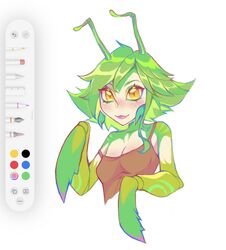  antenna_hair art_program_in_frame arthropod_girl bare_shoulders blonde_hair breasts claws cleavage closed_mouth colored_skin cropped_torso female flipped_hair freckles green_hair green_skin grey_background highres kemonomimi_mode knol_(flowrmosh) league_of_legends mantis_girl medium_breasts neeko_(league_of_legends) orange_eyes simple_background smile solo yellow_skin 