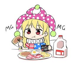  :t american_flag_dress bacon blonde_hair blush_stickers breakfast chibi closed_mouth clownpiece commentary cup eating egg_(food) english_commentary fairy_wings female food fork fried_egg hat holding holding_cup holding_fork jester_cap jug_(bottle) long_hair mg_mg milk naegi_(naegidokoro) neck_ruff plate polka_dot purple_hat red_eyes short_sleeves simple_background solo star_(symbol) star_print table touhou upper_body white_background wings 