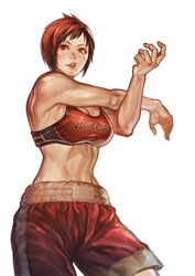  absurdres breasts brown_hair cleavage cowboy_shot dead_or_alive dead_or_alive_6 female freckles highres large_breasts lips midriff mila_(doa) mixed_martial_arts multicolored_hair muscular muscular_female nose red_eyes red_hair red_shorts red_sports_bra sepia short_hair shorts solo sports_bra standing stn_sentan toned two-tone_hair very_short_hair white_background 