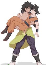  2boys abs areolae broly_(dragon_ball_super) carrying clothes_around_waist couple dragon_ball dragon_ball_super dragon_ball_super_broly fuka_(kirrier) full_body fur_(clothing) grin jacket jacket_around_waist large_pectorals male_focus multiple_boys muscular muscular_male pectorals princess_carry short_hair smile son_goku spiked_hair standing stomach topless_male yaoi 